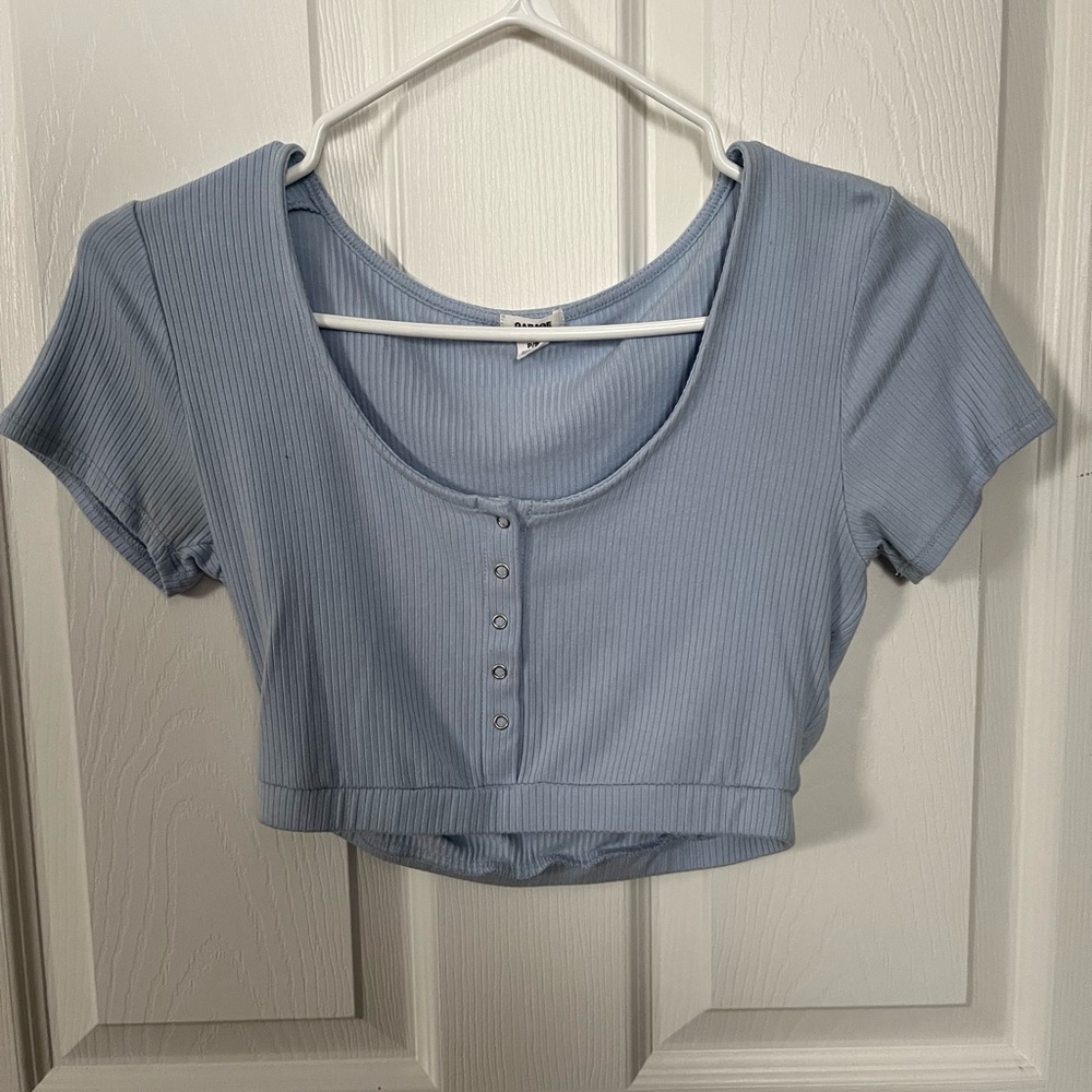 Garage Light Blue Ribbed Cropped Tee w/ Buttons (S)